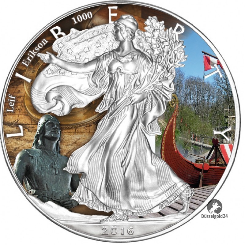 1 Unze Silber American Eagle 2016 Leif Ericson Coloriert