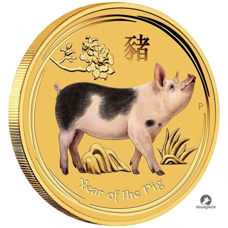 1/20 oz Gold Lunar II Schwein 2019 farbig